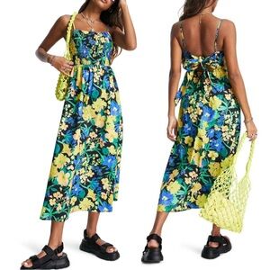 Topshop Poplin Bold Floral Smocked Midi Dress